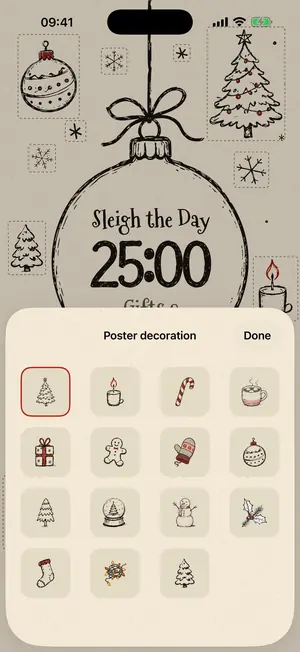 The app's home poster in editing mode: hand-drawn ornaments ready to be swapped