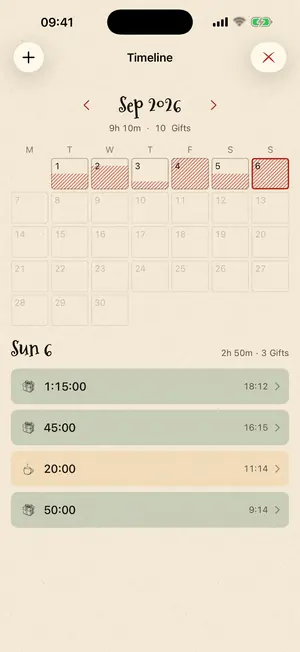 The app's timeline: an advent-style board over the day's list of sessions